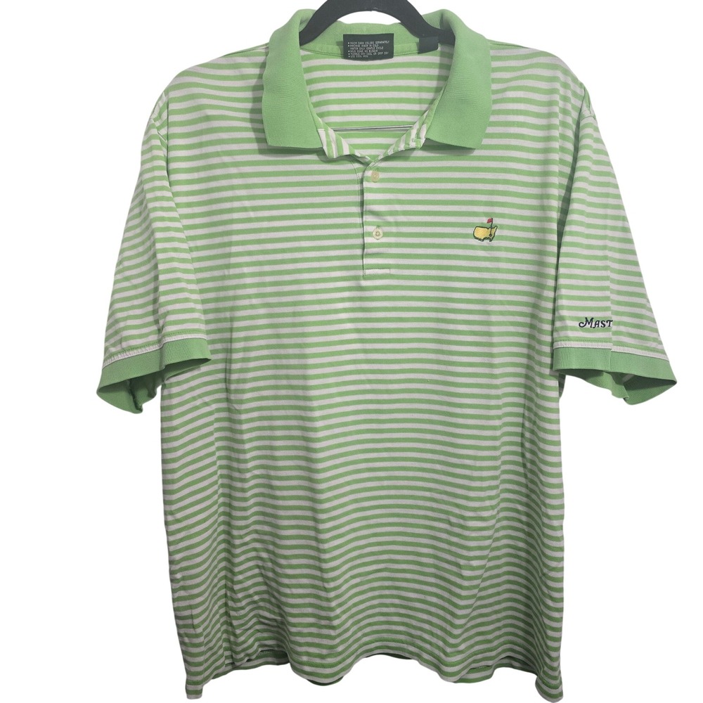 Masters Collection Mens XL Green White Striped Golf Polo Shirt 100% Cotton Pique